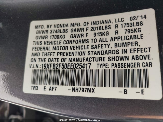Honda Civic Lx 2014 19XFB2F50EE025417 Image 9