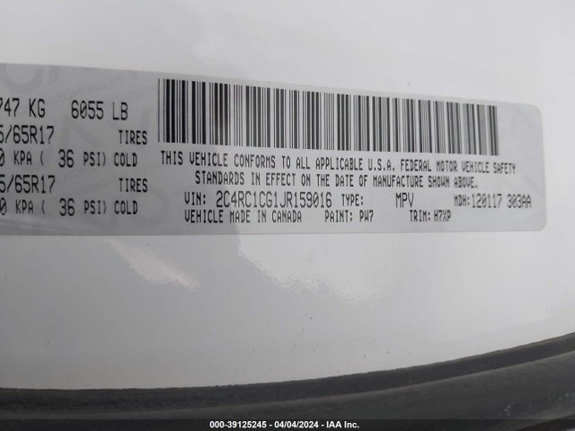 2C4RC1CG1JR159016 Chrysler Pacifica Lx