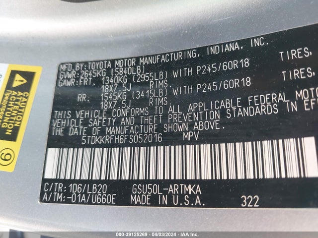 Toyota Highlander Xle V6 2015 5TDKKRFH6FS052016 Image 9