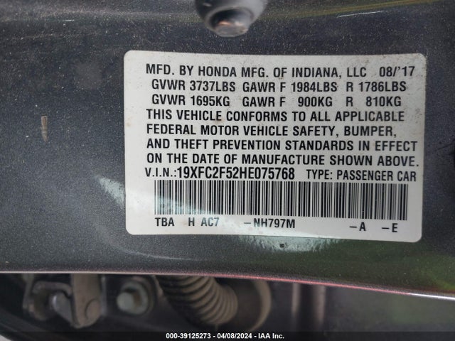 Honda Civic Lx 2017 19XFC2F52HE075768 Image 9