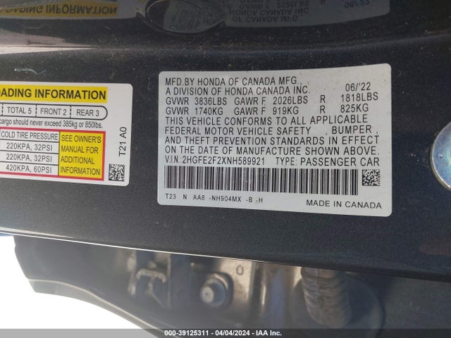 Honda Civic Lx 2022 2HGFE2F2XNH589921 Image 9