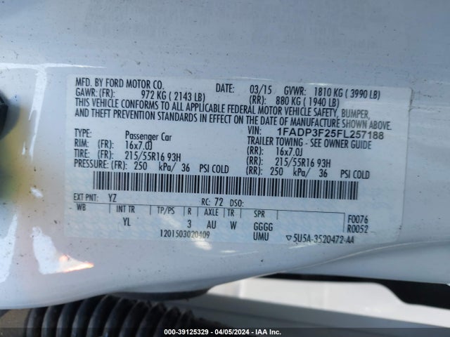 Ford FOCUS SE 2015 1FADP3F25FL257188 Image 9
