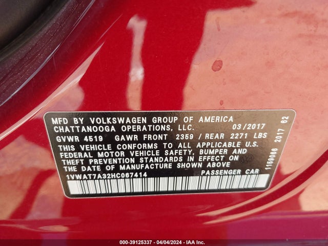 Volkswagen Passat 1.8t S 2017 1VWAT7A32HC067414 Image 9