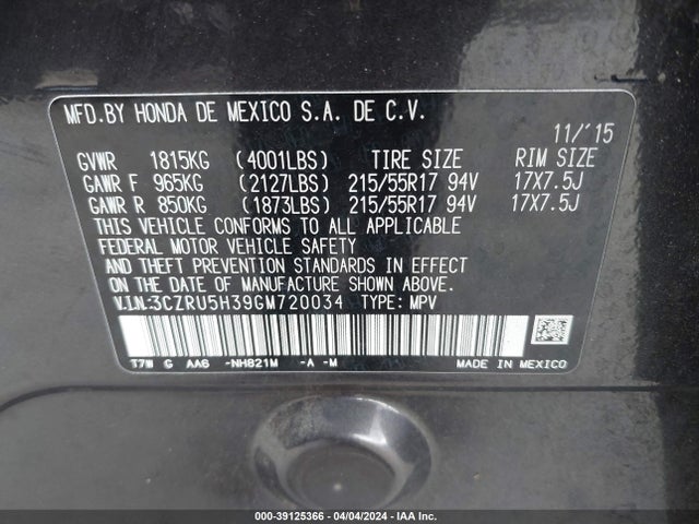 Honda HR-V LX 2016 3CZRU5H39GM720034 Image 9