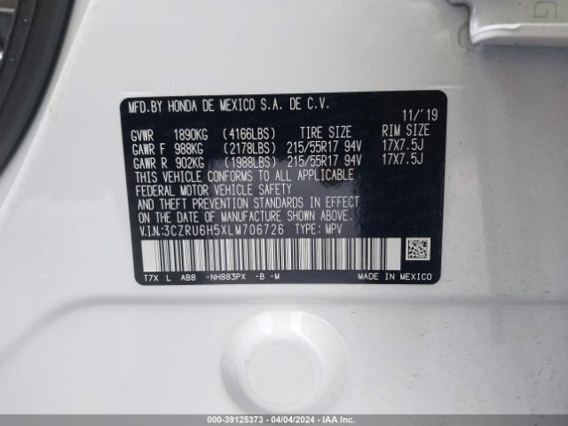 3CZRU6H5XLM706726 Honda Hr-v Awd Ex