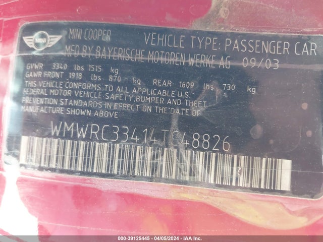 2004 MINI COOPER WMWRC33414TC48826 Photo 8