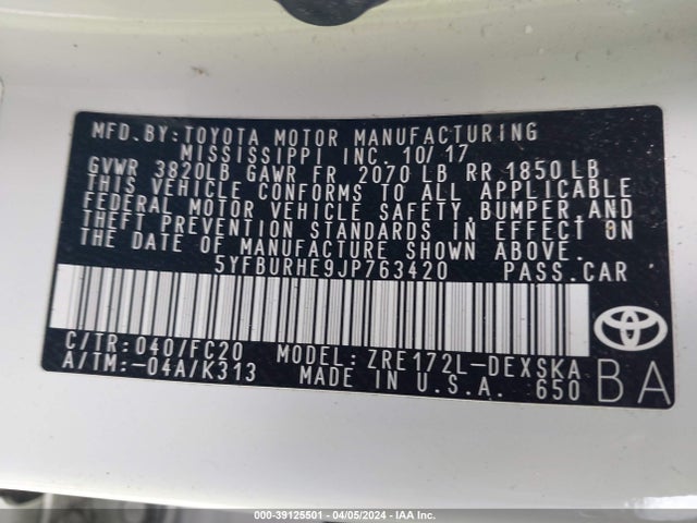 Toyota COROLLA SE 2018 5YFBURHE9JP763420 Image 9