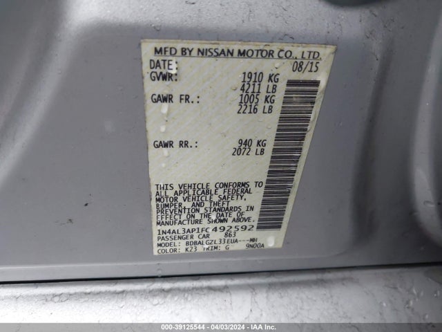 Nissan Altima 2.5 S 2015 1N4AL3AP1FC492592 Image 9