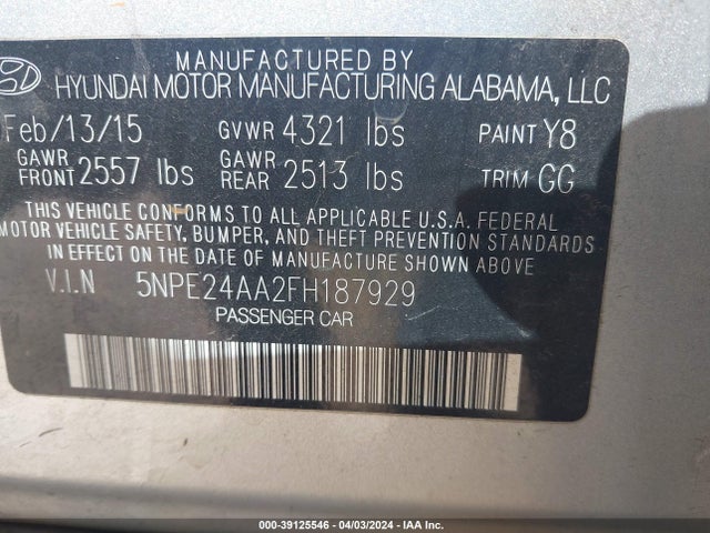 Hyundai SONATA ECO 2015 5NPE24AA2FH187929 Image 9