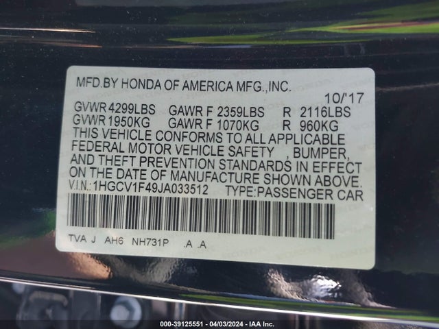 Honda ACCORD EX 2018 1HGCV1F49JA033512 Image 9