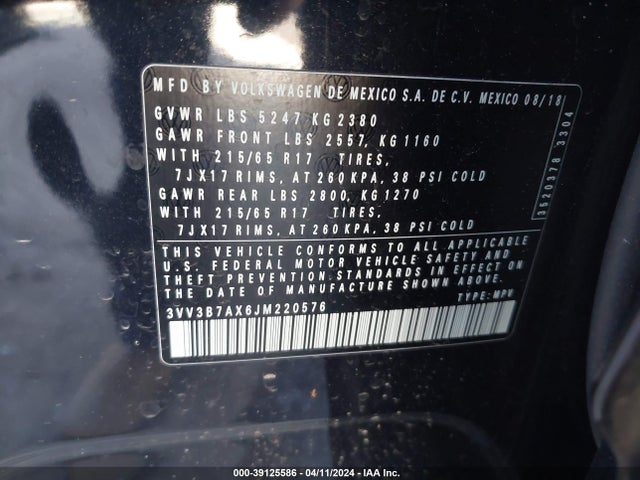 3VV3B7AX6JM220576 Volkswagen Tiguan 2.0t Se/2.0t Sel