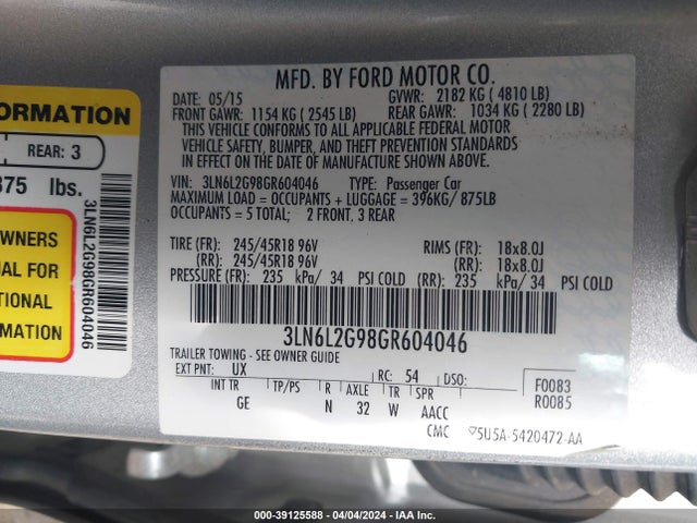 Lincoln MKZ 2016 3LN6L2G98GR604046 Image 9