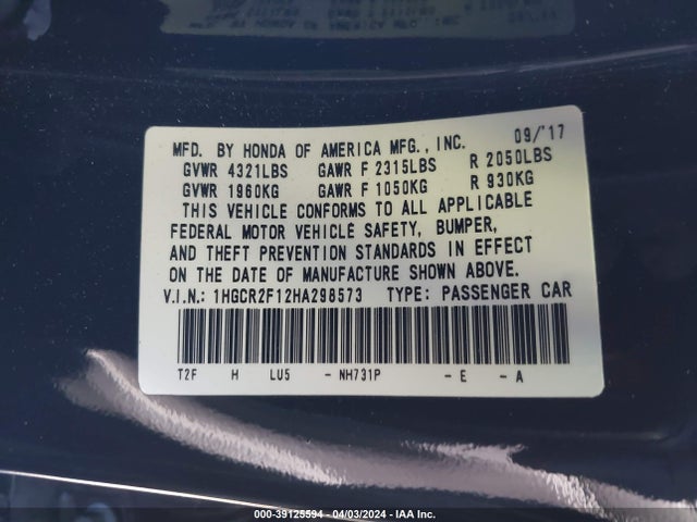 Honda Accord 2017 1HGCR2F12HA298573 Image 22