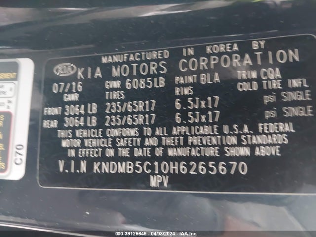 KIA SEDONA LX 2017 KNDMB5C10H6265670 Image 9
