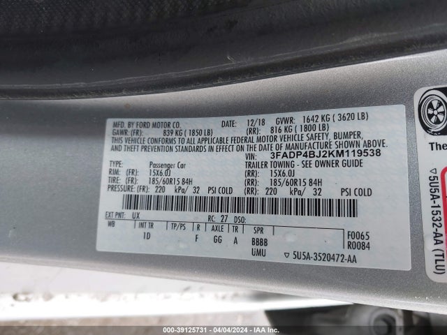 Ford FIESTA SE 2019 3FADP4BJ2KM119538 Image 9