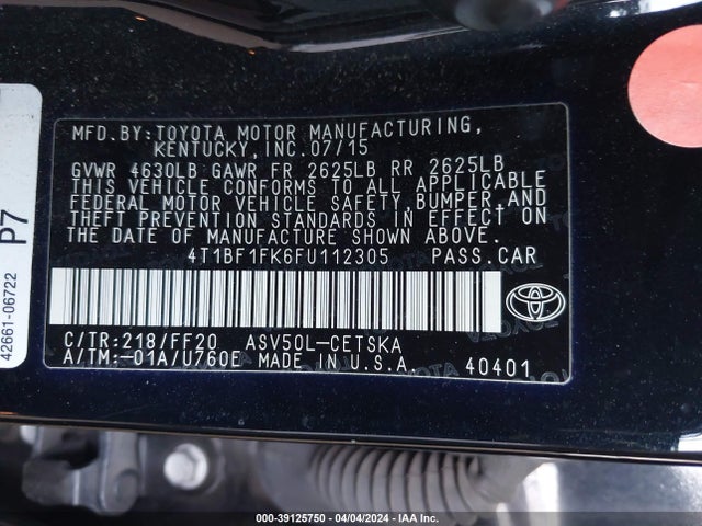 Toyota CAMRY SE 2015 4T1BF1FK6FU112305 Image 9