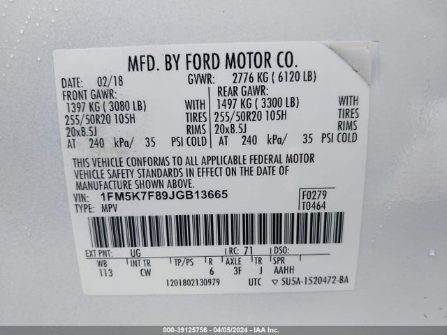 Ford Explorer Limited 2018 1FM5K7F89JGB13665 Image 9