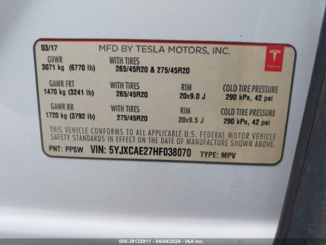 5YJXCAE27HF038070 Tesla Model X 100d/75d/90d