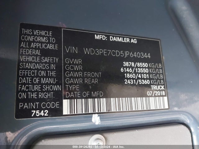 WD3PE7CD5JP640344 Mercedes-Benz Sprinter 2500 Standard Roof V6