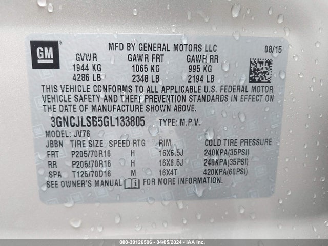 Chevrolet Trax Lt 2016 3GNCJLSB5GL133805 Image 9