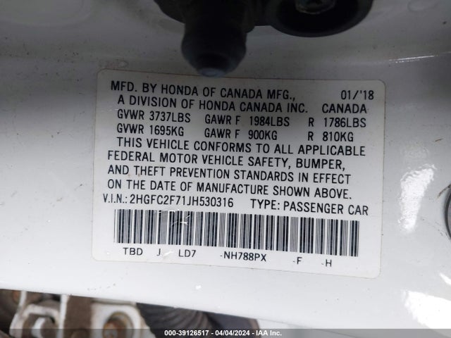 Honda CIVIC EX 2018 2HGFC2F71JH530316 Image 9