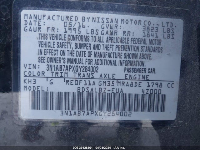 Nissan SENTRA S 2016 3N1AB7APXGY284002 Image 9
