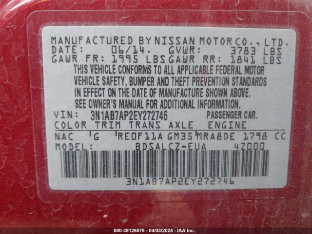 Nissan SENTRA S 2014 3N1AB7AP2EY272746 Image 9