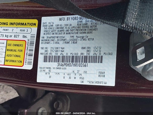 Ford FUSION SE 2017 3FA6P0HD7HR103561 Image 9
