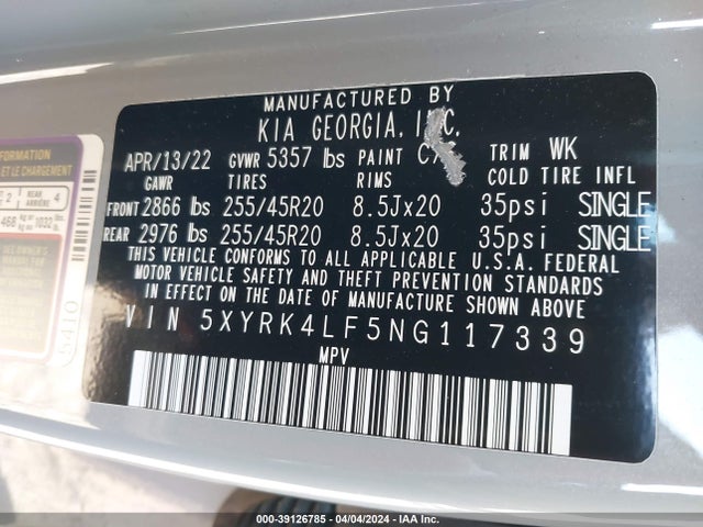 KIA SORENTO SX 2022 5XYRK4LF5NG117339 Image 9