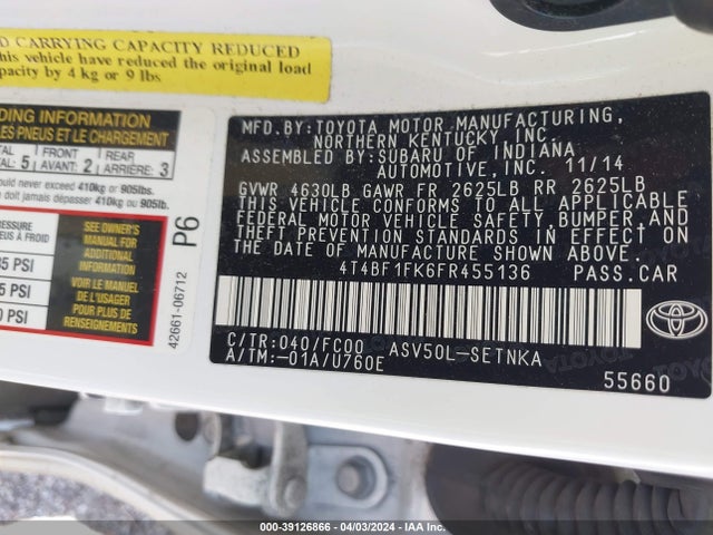 Toyota CAMRY LE 2015 4T4BF1FK6FR455136 Image 9