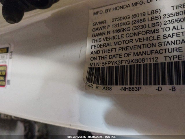Honda Ridgeline Rtl-t 2019 5FPYK3F64KB027742 Image 9
