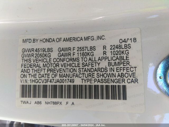 1HGCV3F47JA001749 Honda Accord Hybrid Ex
