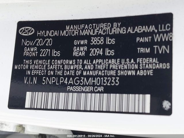 5NPLP4AG3MH013233 Hyundai Elantra Limited