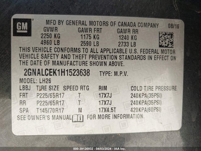 Chevrolet EQUINOX LT 2017 2GNALCEK1H1523638 Image 9