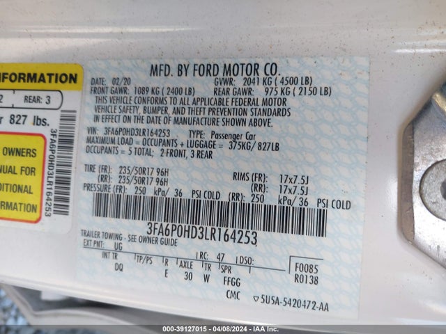 Ford FUSION SE 2020 3FA6P0HD3LR164253 Image 9