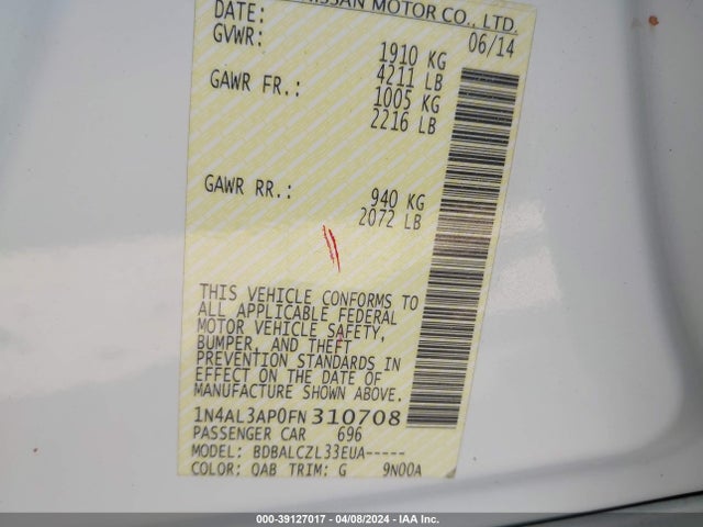 Nissan Altima 2.5/2.5 S/2.5 Sl/2.5 Sv 2015 1N4AL3AP0FN310708 Image 9