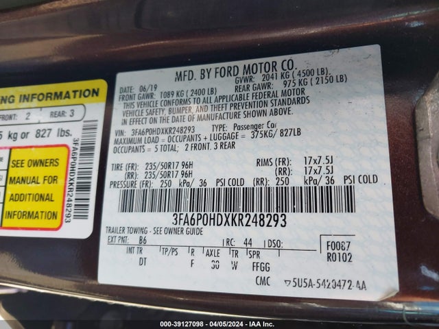 Ford FUSION SE 2019 3FA6P0HDXKR248293 Image 9