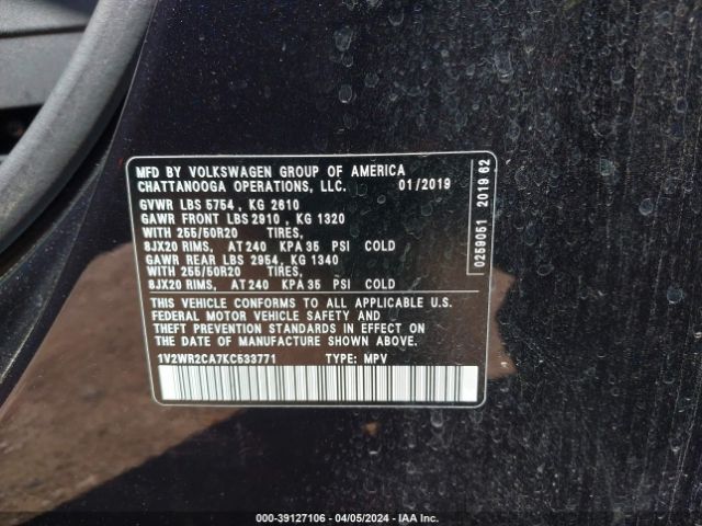 1V2WR2CA7KC533771 Volkswagen Atlas 3.6l V6 Se W/technology