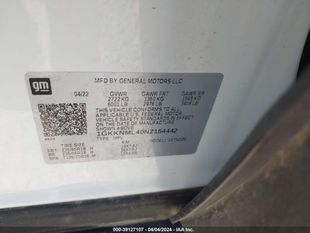 1GKKNML40NZ154442 GMC Acadia Fwd Slt
