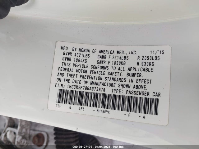 Honda ACCORD EX 2016 1HGCR2F78GA075876 Image 9