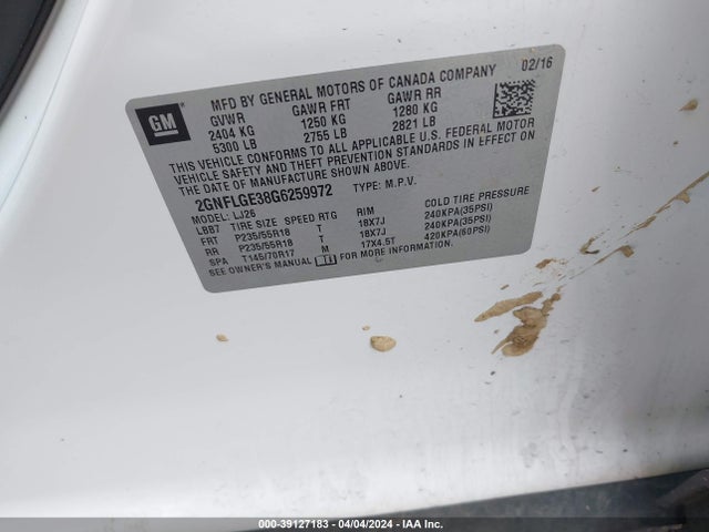 Chevrolet Equinox Ltz 2016 2GNFLGE38G6259972 Image 9