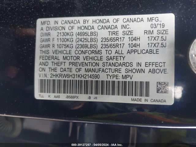 Honda CR-V LX 2019 2HKRW6H31KH214590 Image 9
