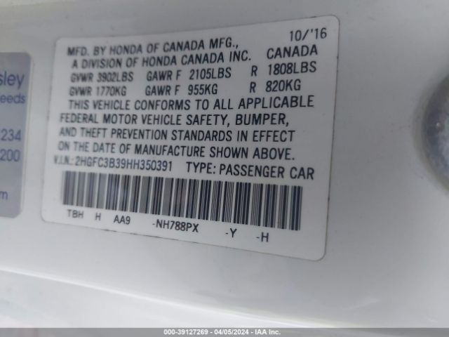 2HGFC3B39HH350391 Honda Civic Ex-t