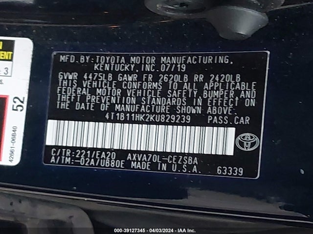 Toyota CAMRY SE 2019 4T1B11HK2KU829239 Image 9