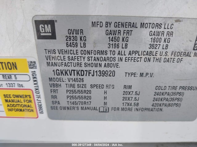 GMC Acadia Denali 2015 1GKKVTKD7FJ139920 Image 9