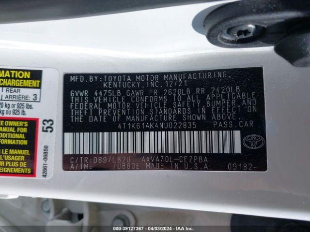 4T1K61AK4NU022835 Toyota CAMRY XSE
