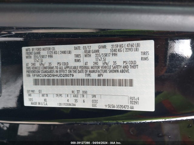 Ford ESCAPE SE 2017 1FMCU9GD9HUD25079 Image 9