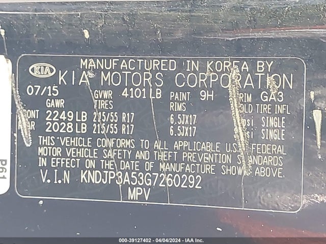 KIA SOUL + 2016 KNDJP3A53G7260292 Image 9