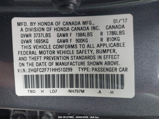Honda CIVIC EX 2017 2HGFC2F71HH510299 Image 9