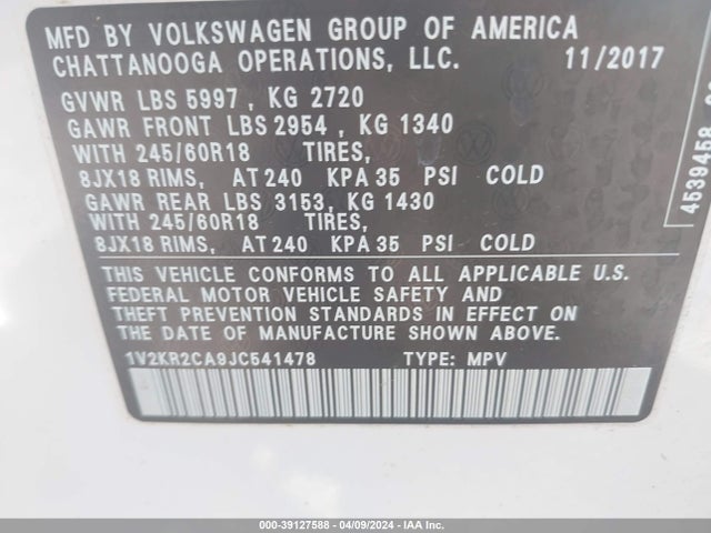 1V2KR2CA9JC541478 Volkswagen Atlas 3.6l V6 Se